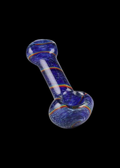 A side view of the Simple Colorful Spoon Pipe - Balloon Strings, featuring a curved design in shades of blue and clear glass.