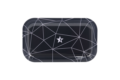 Overhead view of the Famous Brandz "Space" Rolling Tray featuring a dark background with a geometric pattern of white lines.