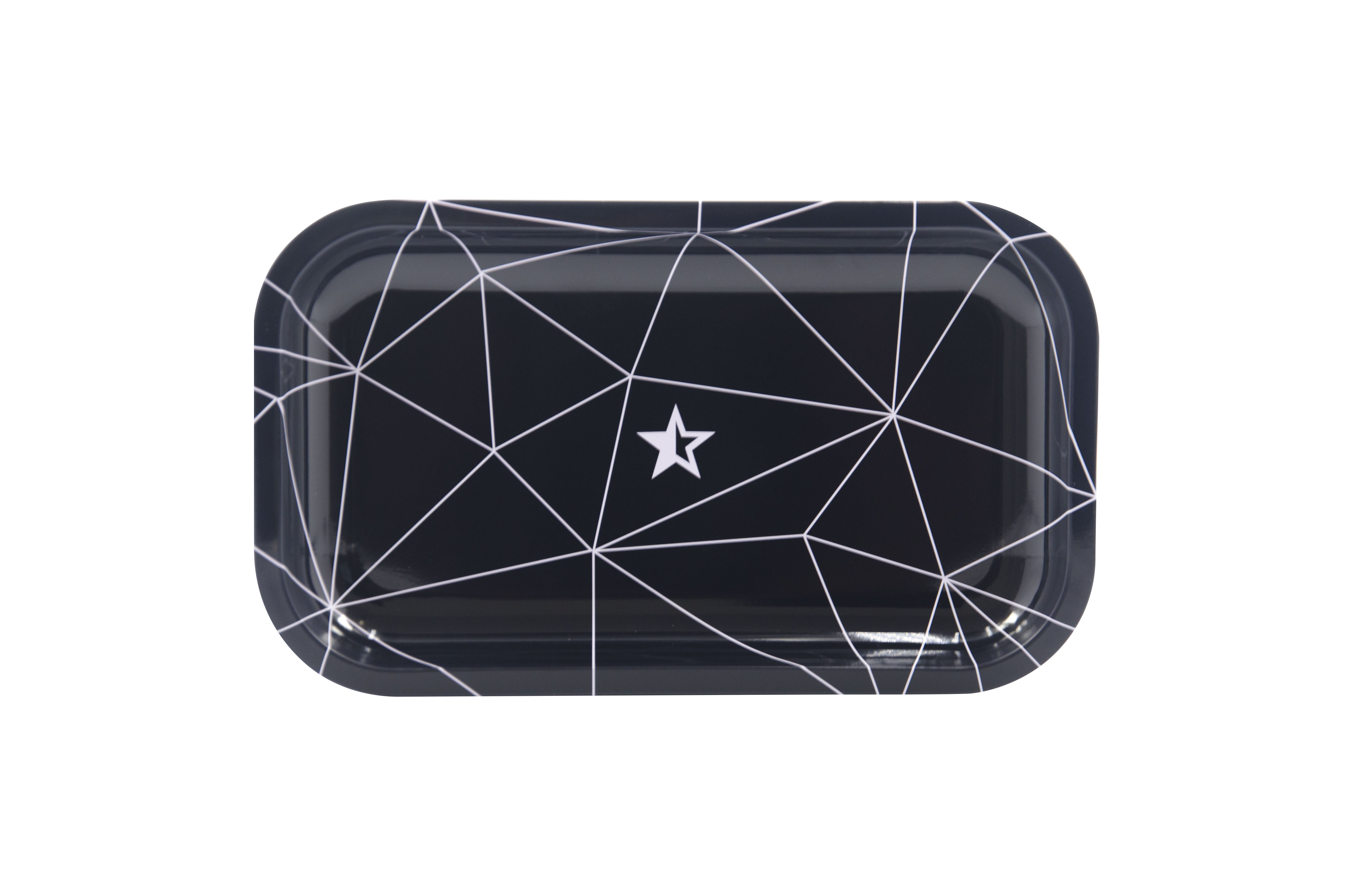 Overhead view of the Famous Brandz "Space" Rolling Tray featuring a dark background with a geometric pattern of white lines.