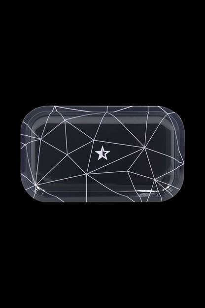 Overhead view of the Famous Brandz “Space” Rolling Tray, displaying a dark patterned surface with geometric shapes.