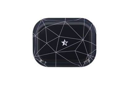 Top-down view of the Famous Brandz "Space" Rolling Tray, featuring a dark surface with a geometric, white line pattern.