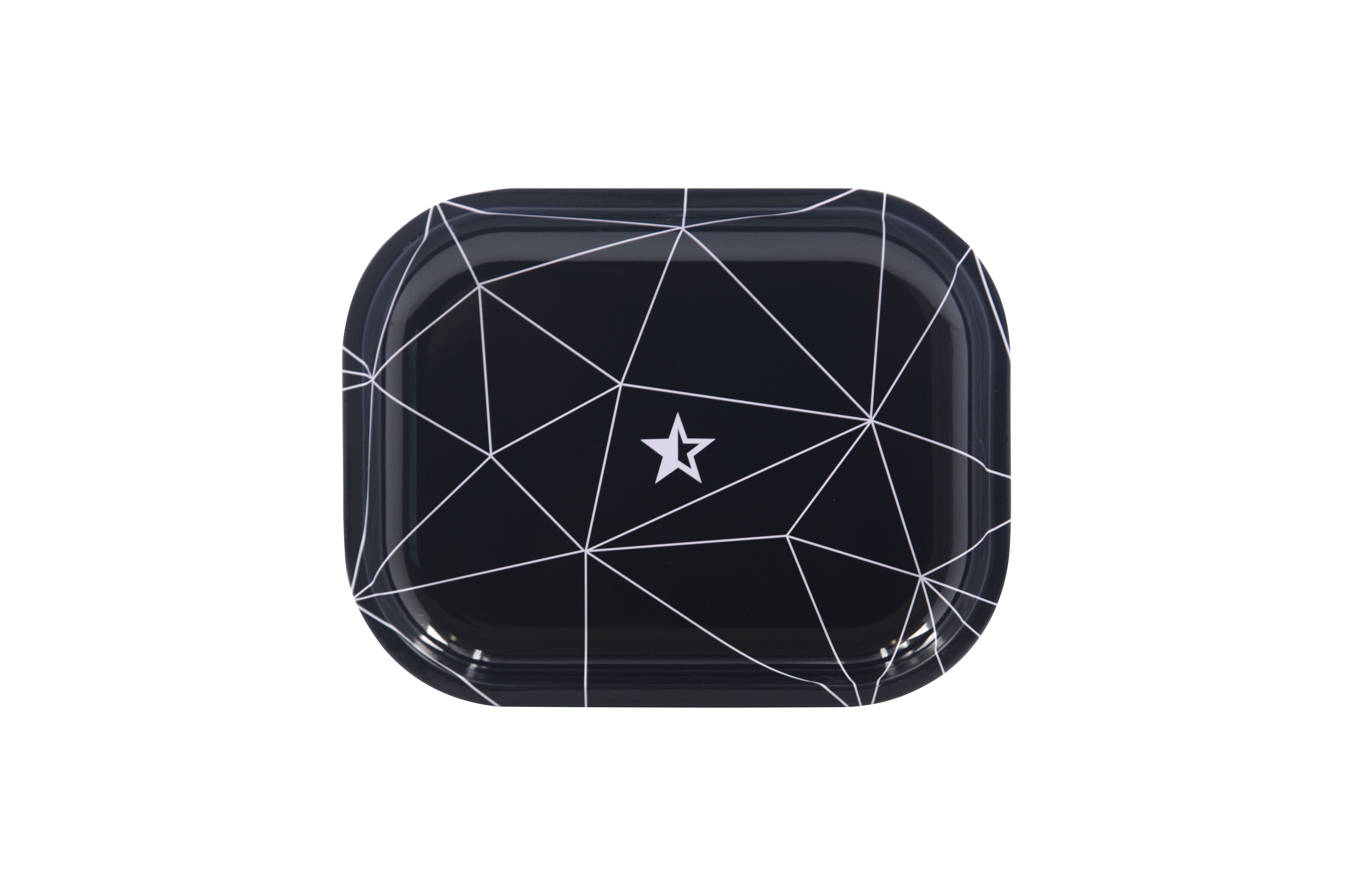 Top-down view of the Famous Brandz "Space" Rolling Tray, featuring a dark surface with a geometric, white line pattern.