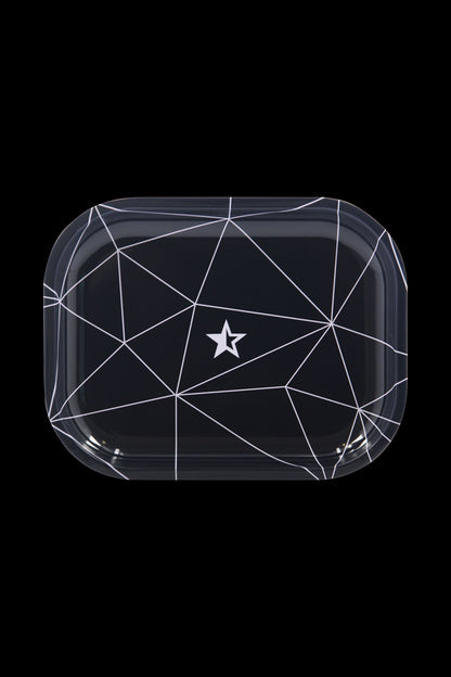 Front view of the “Famous Brandz Space” rolling tray, displaying a black surface with a geometric, white line design.