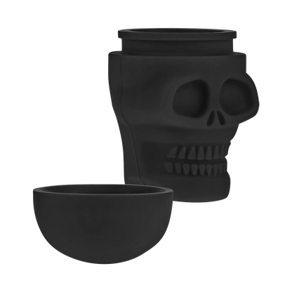 A top-down view of the Silicone Non-Stick "Skull" Stash Container, displaying its dark, skull-shaped design and open lid.