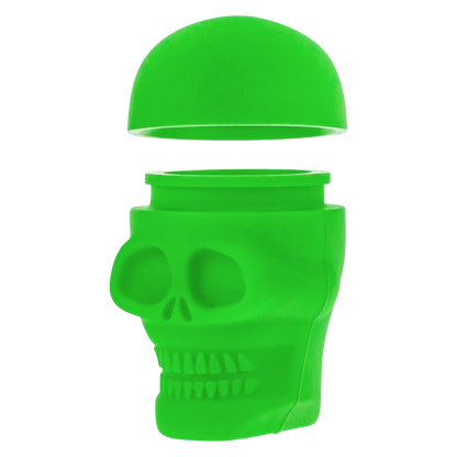 A slightly angled, front view of the Silicone Non-Stick "Skull" Stash Container, showcasing its detailed skull-shaped lid.