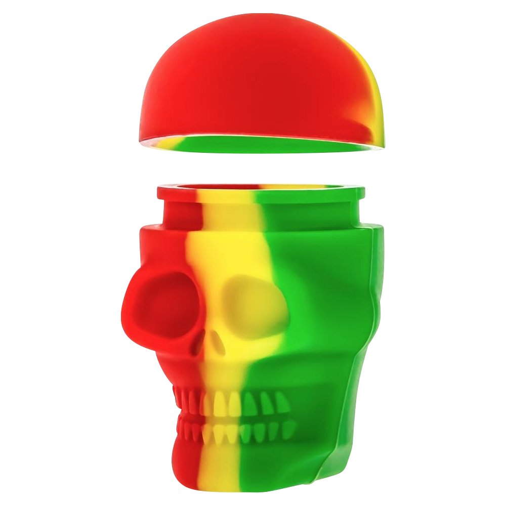 A slightly angled, top-down view of the open Silicone Non-Stick "Skull" Stash Container, showcasing its interior and skull-shaped design.