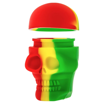 A slightly angled, top-down view of the open Silicone Non-Stick "Skull" Stash Container, showcasing its interior and skull-shaped design.