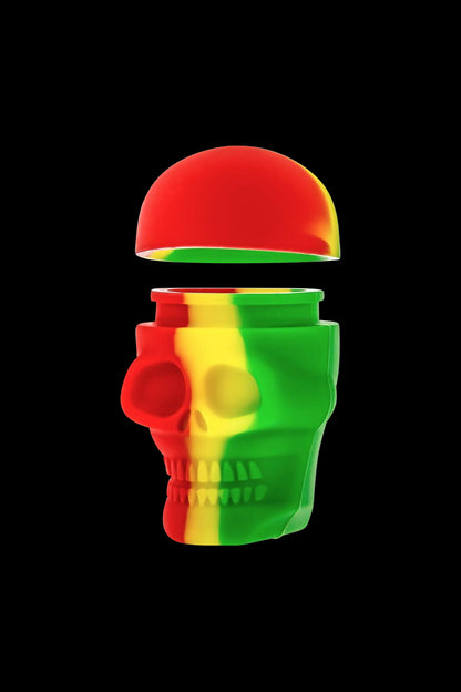 Front view of the Silicone Non-Stick "Skull" Stash Container, showcasing a black, skull-shaped container on a plain white background.