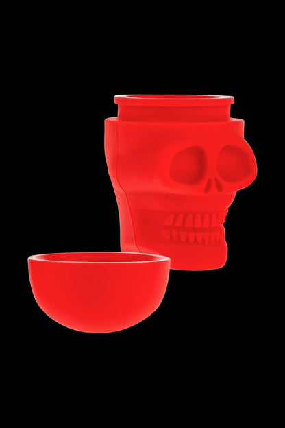 Front view of the Silicone Non-Stick “Skull” Stash Container, showcasing its red, skull-shaped design and open lid.