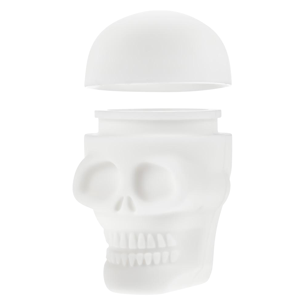 Overhead view of the Silicone Non-Stick "Skull" Stash Container, displaying its sculpted skull design and smooth, dark surface.