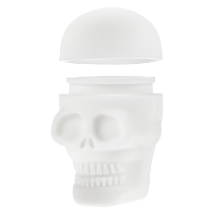 Overhead view of the Silicone Non-Stick "Skull" Stash Container, displaying its sculpted skull design and smooth, dark surface.