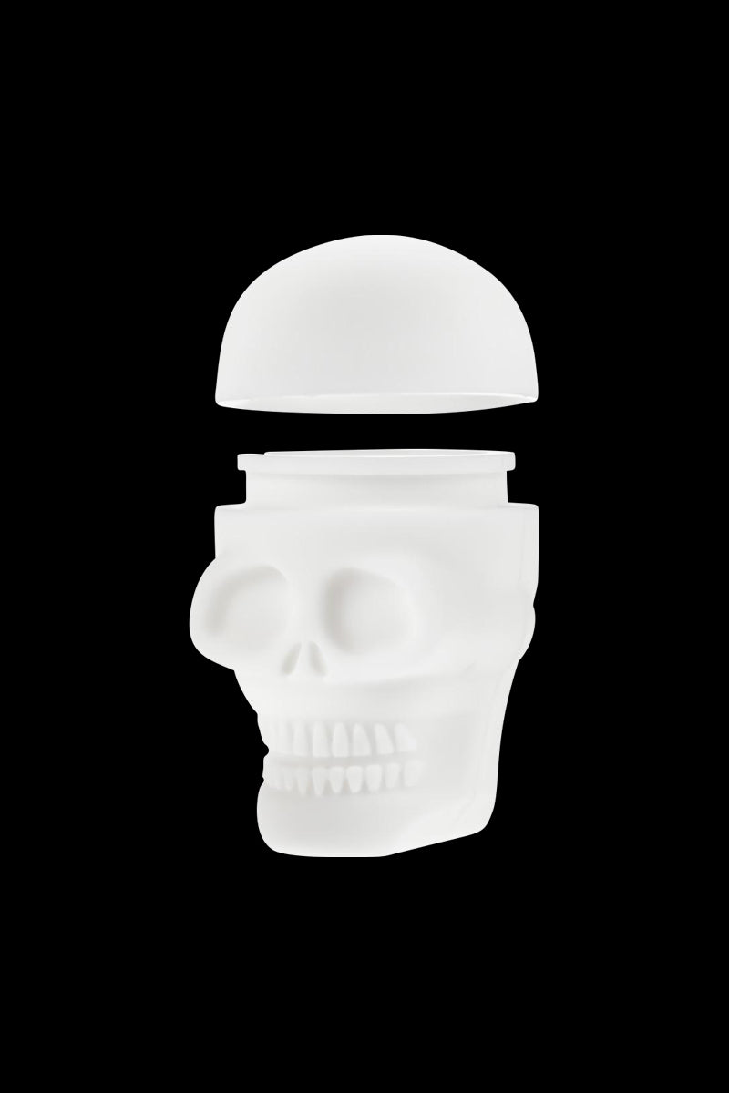 Front view of the Silicone Non-Stick "Skull" Stash Container, a detailed white skull-shaped container against a plain black background.