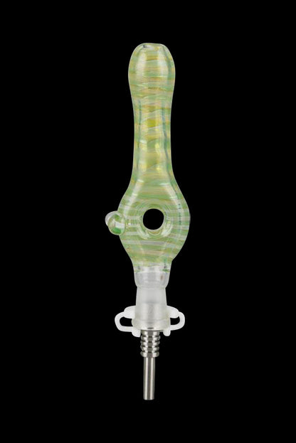 Green and white glass oil rig nail with titanium tip.