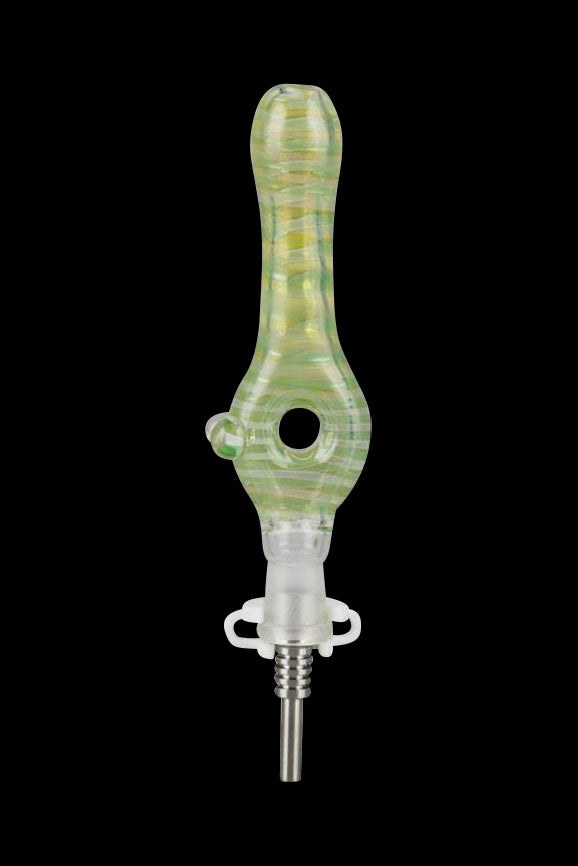 Green and white glass oil rig nail with titanium tip.