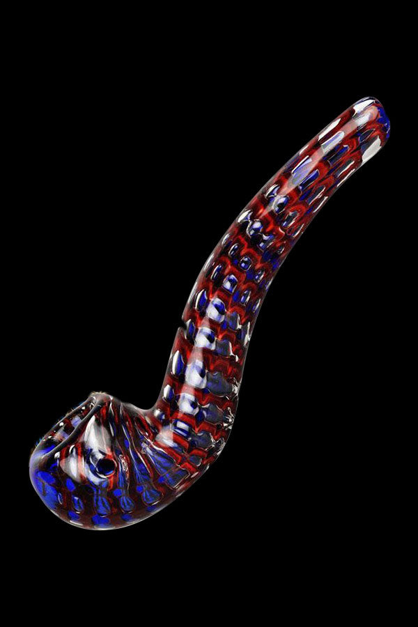 Hand pipe with red, white, and blue glass swirls.