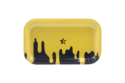 Front view of the Famous Brandz "Surrender" Rolling Tray, showcasing a glossy black surface with a sleek, rectangular design.