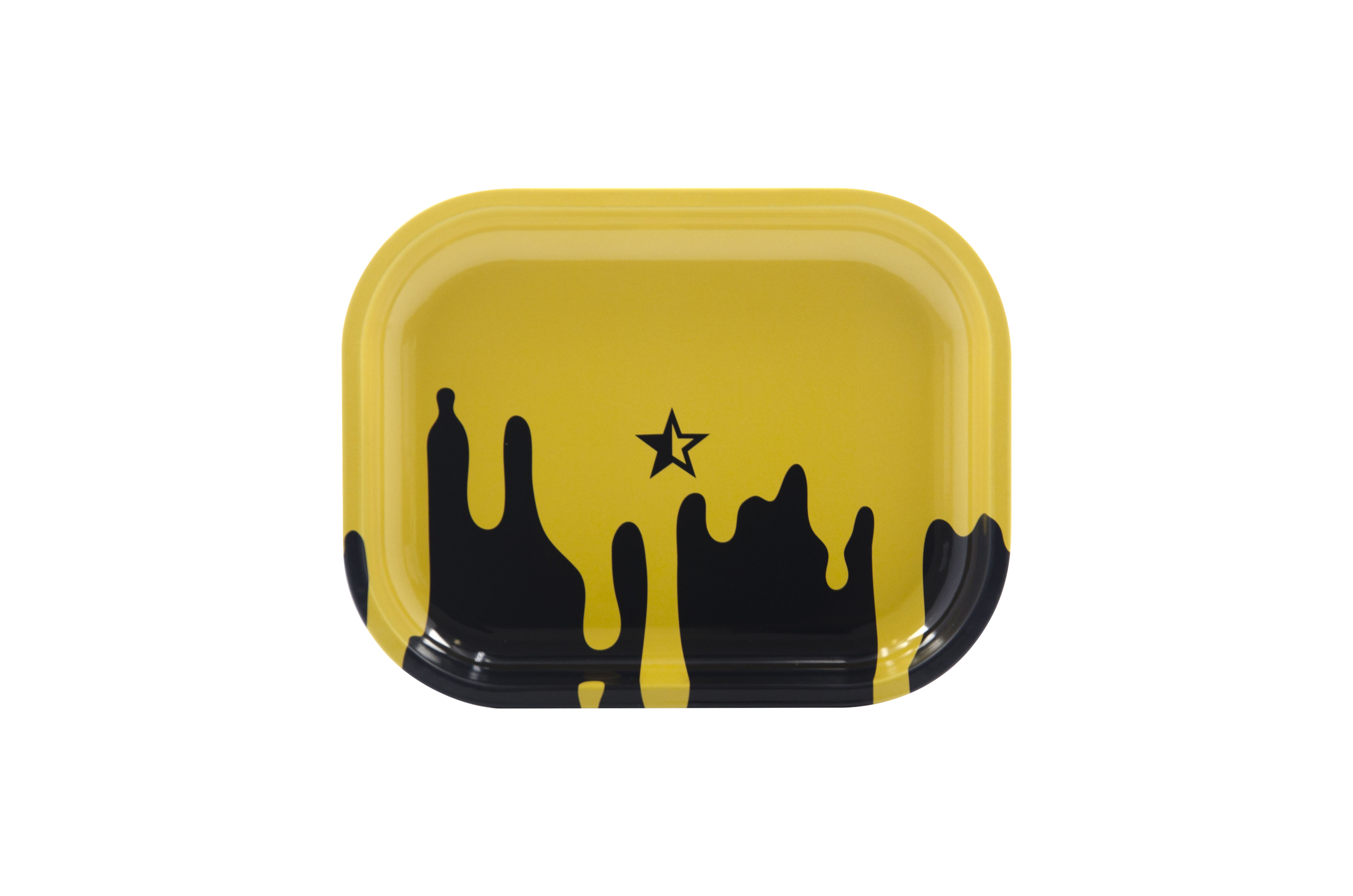 Front view of the “Famous Brandz Surrender” rolling tray with a black and gold marbled design on a plain white background.