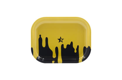 Front view of the “Famous Brandz Surrender” rolling tray with a black and gold marbled design on a plain white background.