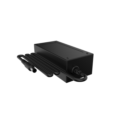 Angled view of the black Dr. Dabber SWITCH Replacement Charging Cable and Adapter with its coiled cable neatly laid alongside the rectangular adapter housing