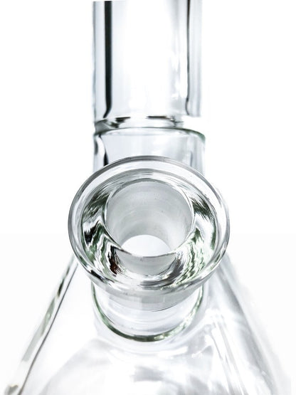 Close-up view of the joint on the Tank Glass "MAX" Beaker Bong, showcasing the clear glass construction and circular opening.
