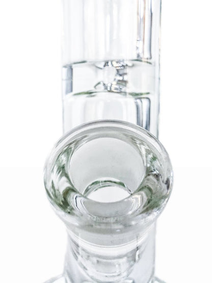 Close-up view of the Tank Glass Straight Tube Bong’s mouthpiece, highlighting the clear glass construction and simple cylindrical form.