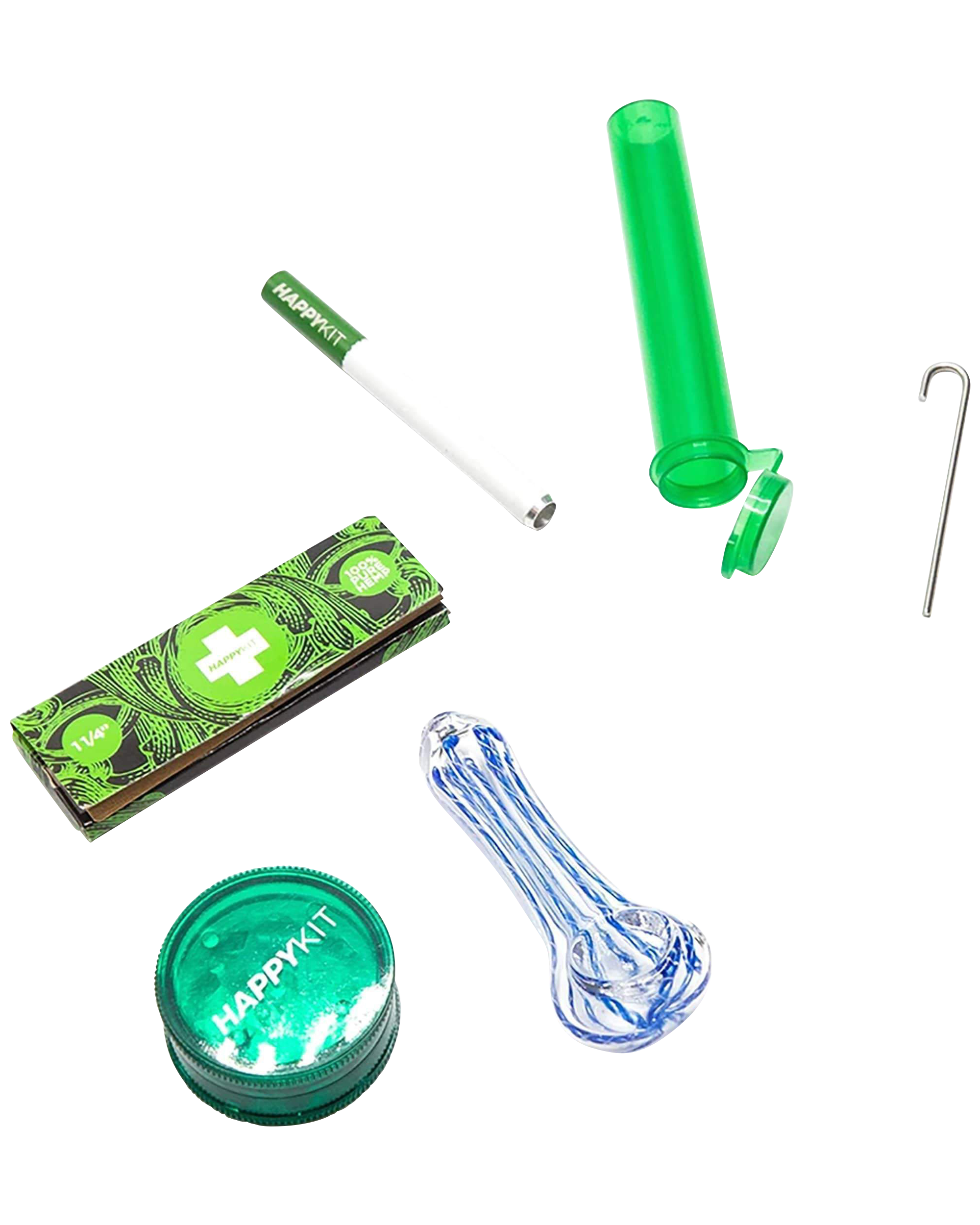Cannabis smoking kit with glass pipe, pre-rolled papers, grinder, and storage tube on a white background.