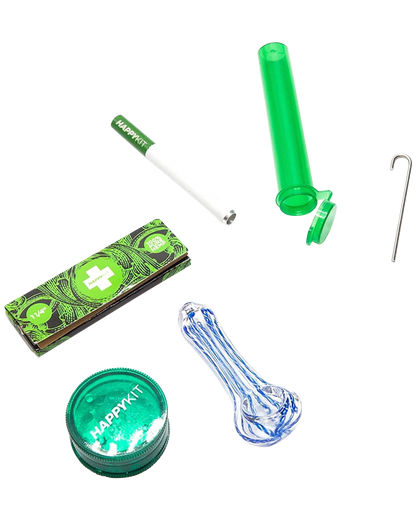 Cannabis smoking kit with glass pipe, pre-rolled papers, grinder, and storage tube on a white background.