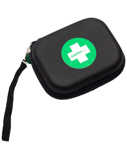 Black zippered travel case with a green and white “HappyKit” medical cross logo.