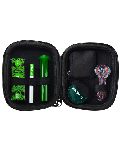 Open black travel case displaying cannabis accessories including a glass pipe, grinders, and storage containers labeled “Happikit.”