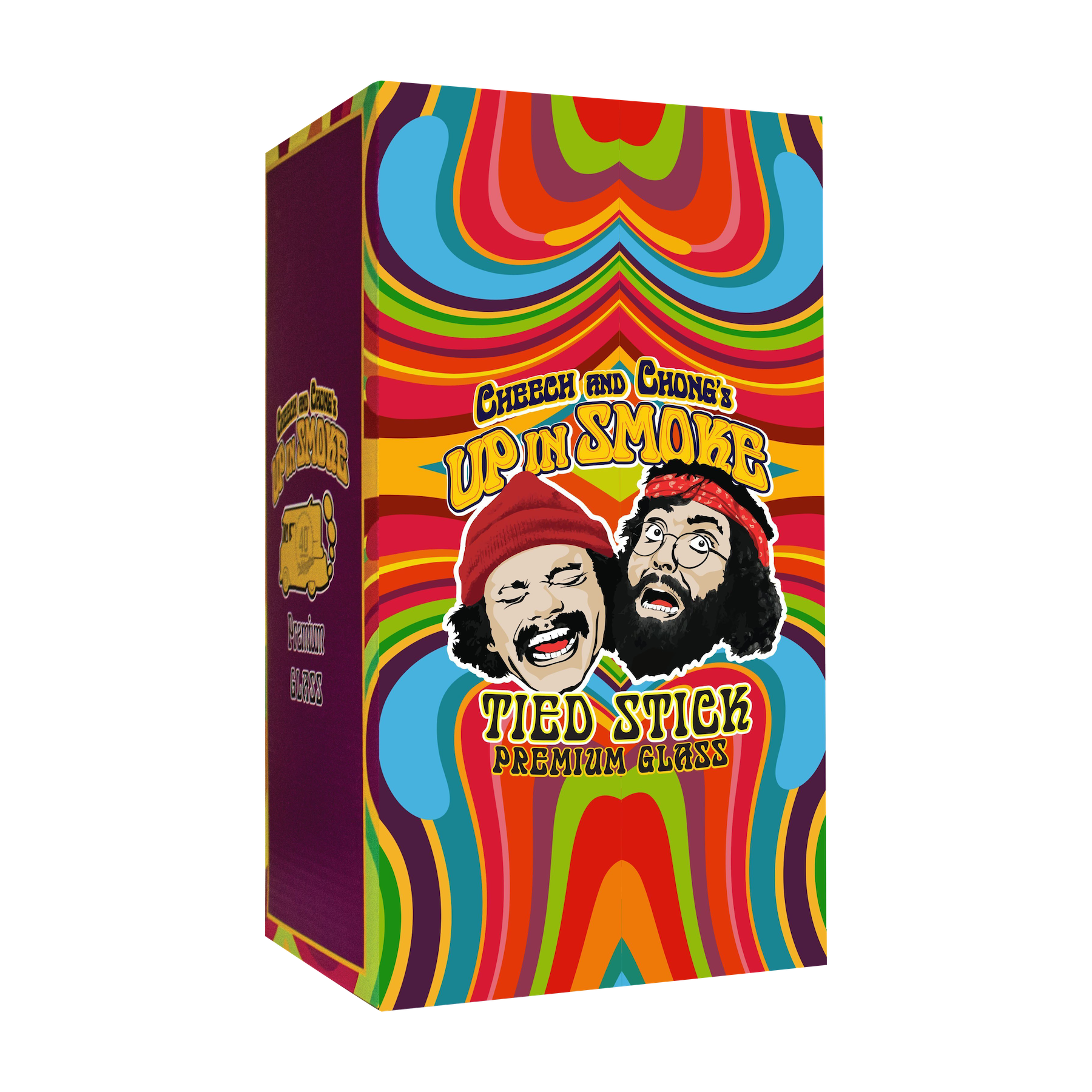Front view of the Cheech & Chong "Tied Stick" Dab Rig Bubbler, featuring a colorful, patterned design on a glass bubbler.