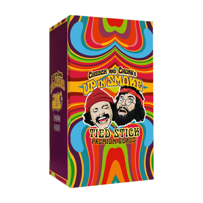 Front view of the Cheech & Chong "Tied Stick" Dab Rig Bubbler, featuring a colorful, patterned design on a glass bubbler.