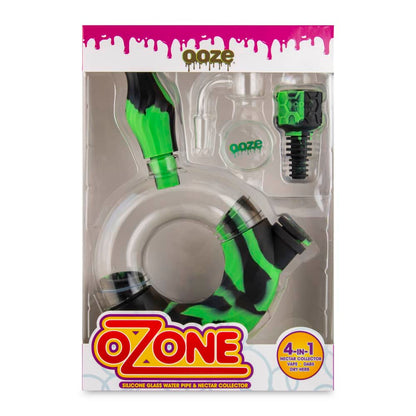 A packaged, green and clear silicone water pipe and nectar collector set branded “Ozone” with text indicating it’s a 4-in-1 multi-use device for various cannabis concentrates and dry herb.