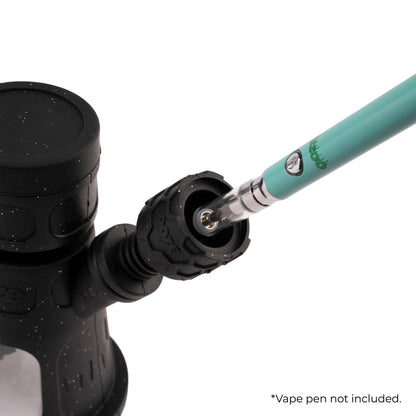 Black glass bubbler with a teal vape pen cartridge inserted into the opening.
