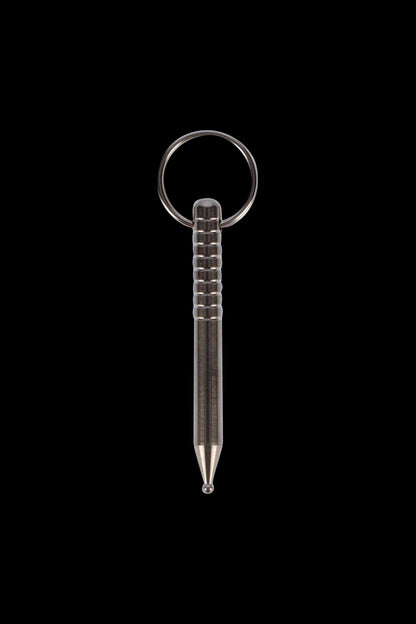 A close-up studio shot of the Titanium Dabber with Keychain Hoop, displaying its metallic finish and compact size with a key ring attached.