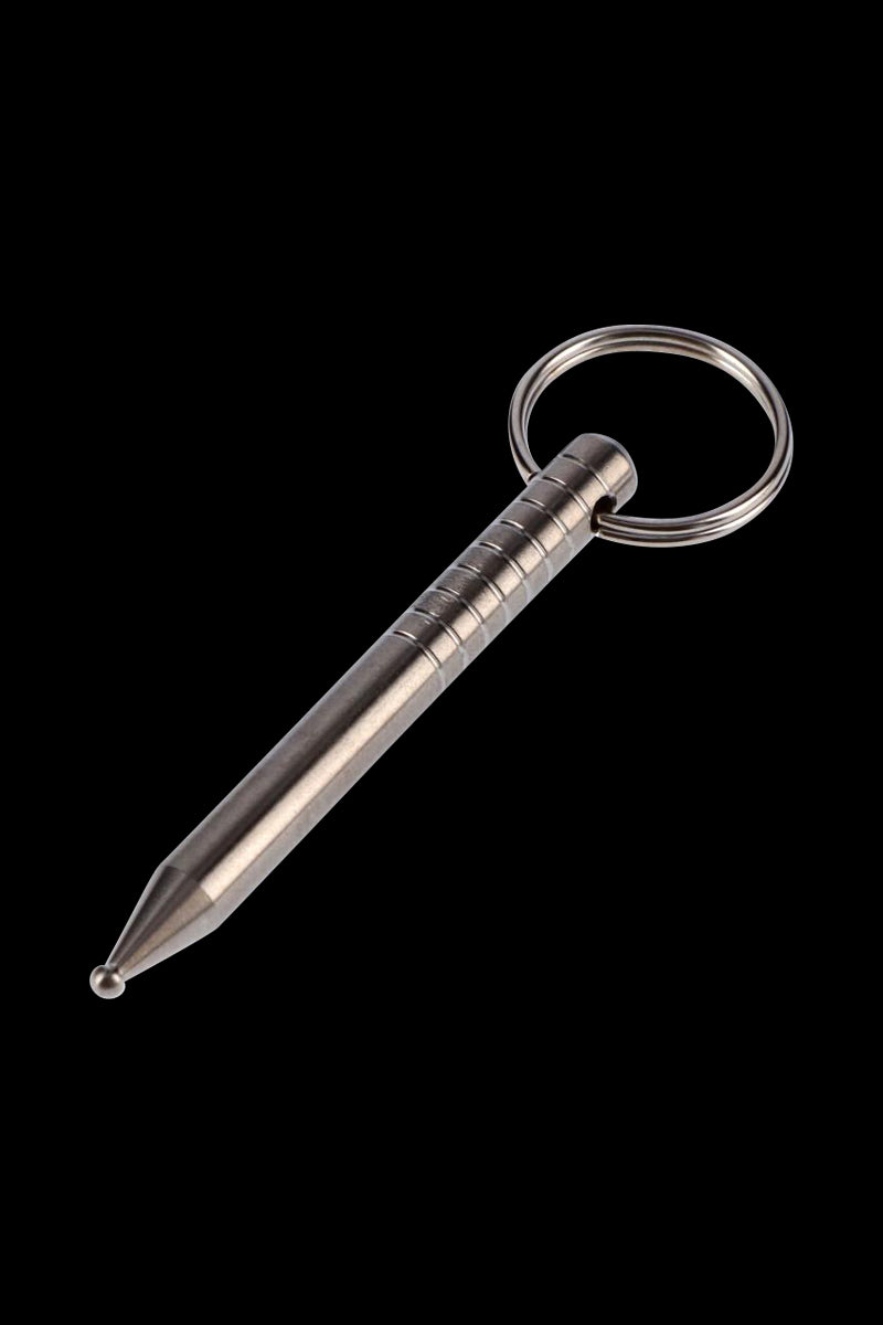 A diagonal view of the Titanium Dabber with Keychain Hoop, showing its metallic finish and small hoop attachment.