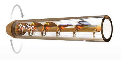 A diagonal view of the 7Pipe Twisty Glass Blunt, showcasing its coiled glass design against a plain white background.