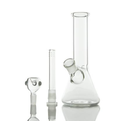 A studio shot of the LA Pipes Basic Beaker Water Pipe - Simply Guy, reflecting off a mirrored surface.