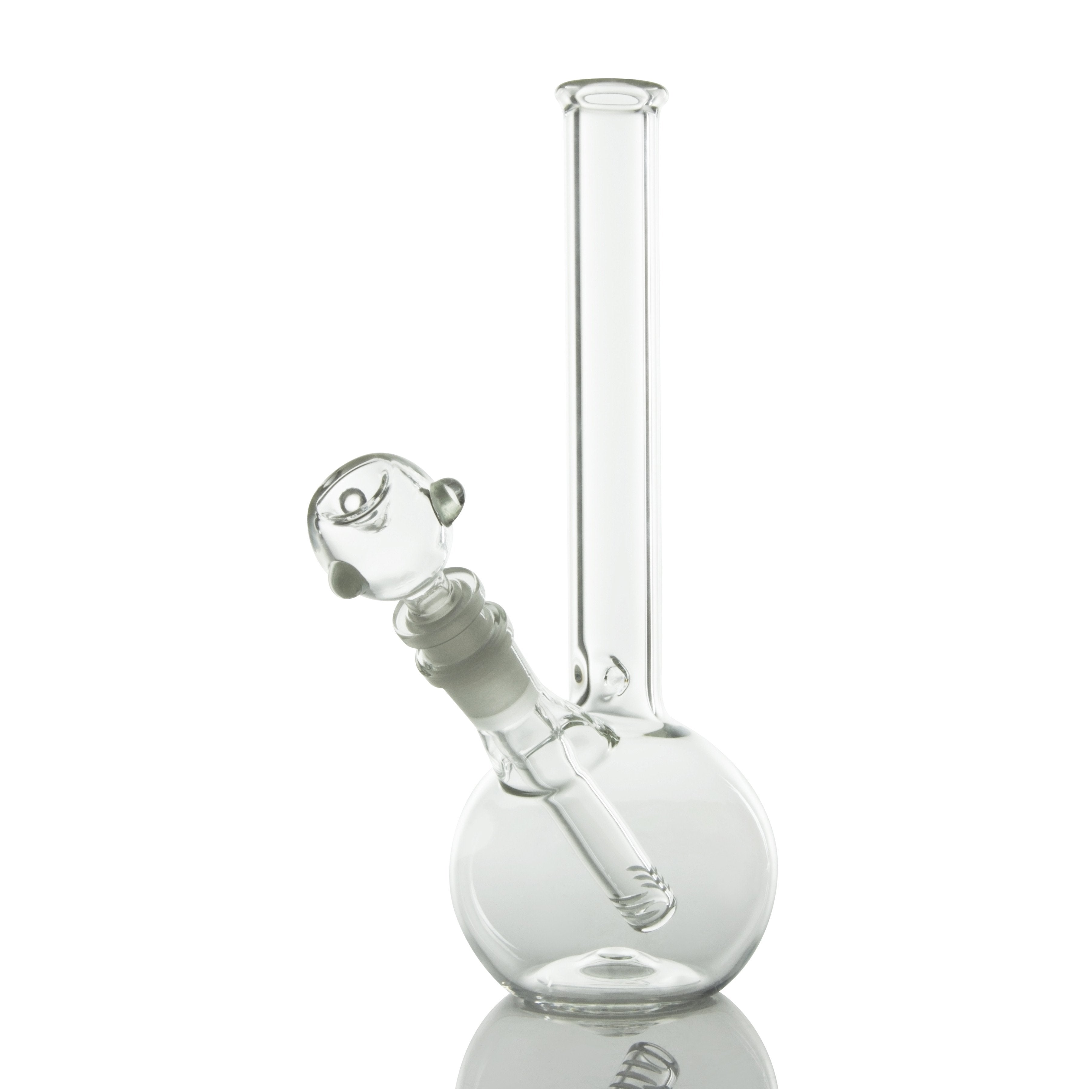 A studio shot of the LA Pipes Bubble Base Basic Bong, showcasing its rounded base and clear glass construction.
