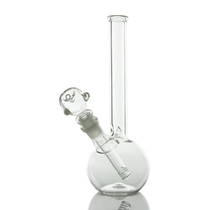 A studio shot of the LA Pipes Bubble Base Basic Bong, showcasing its rounded base and clear glass construction.