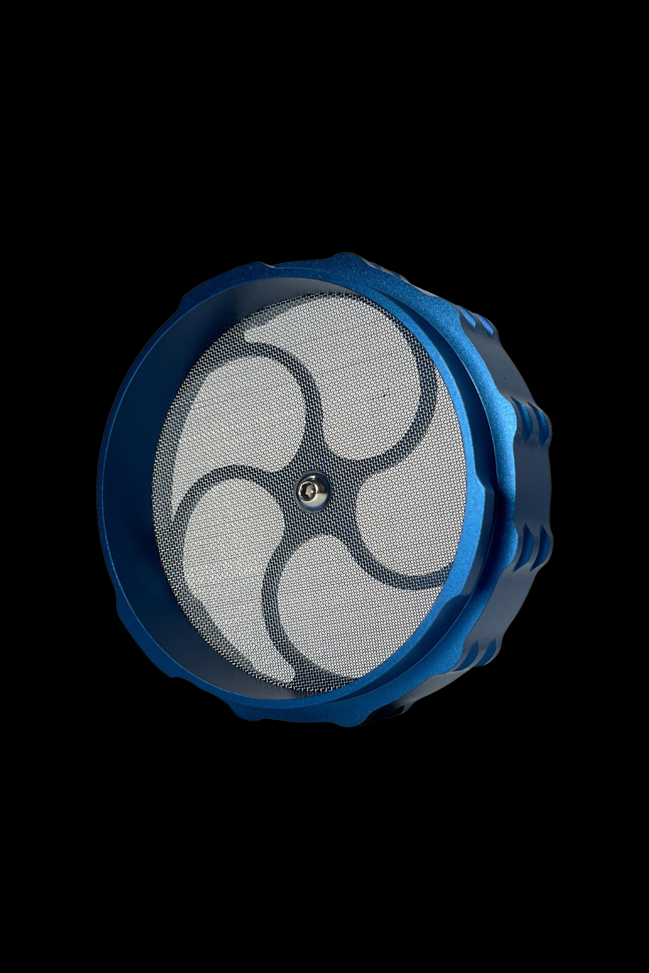 Blue metal cannabis grinder with a patterned, perforated grinding plate.