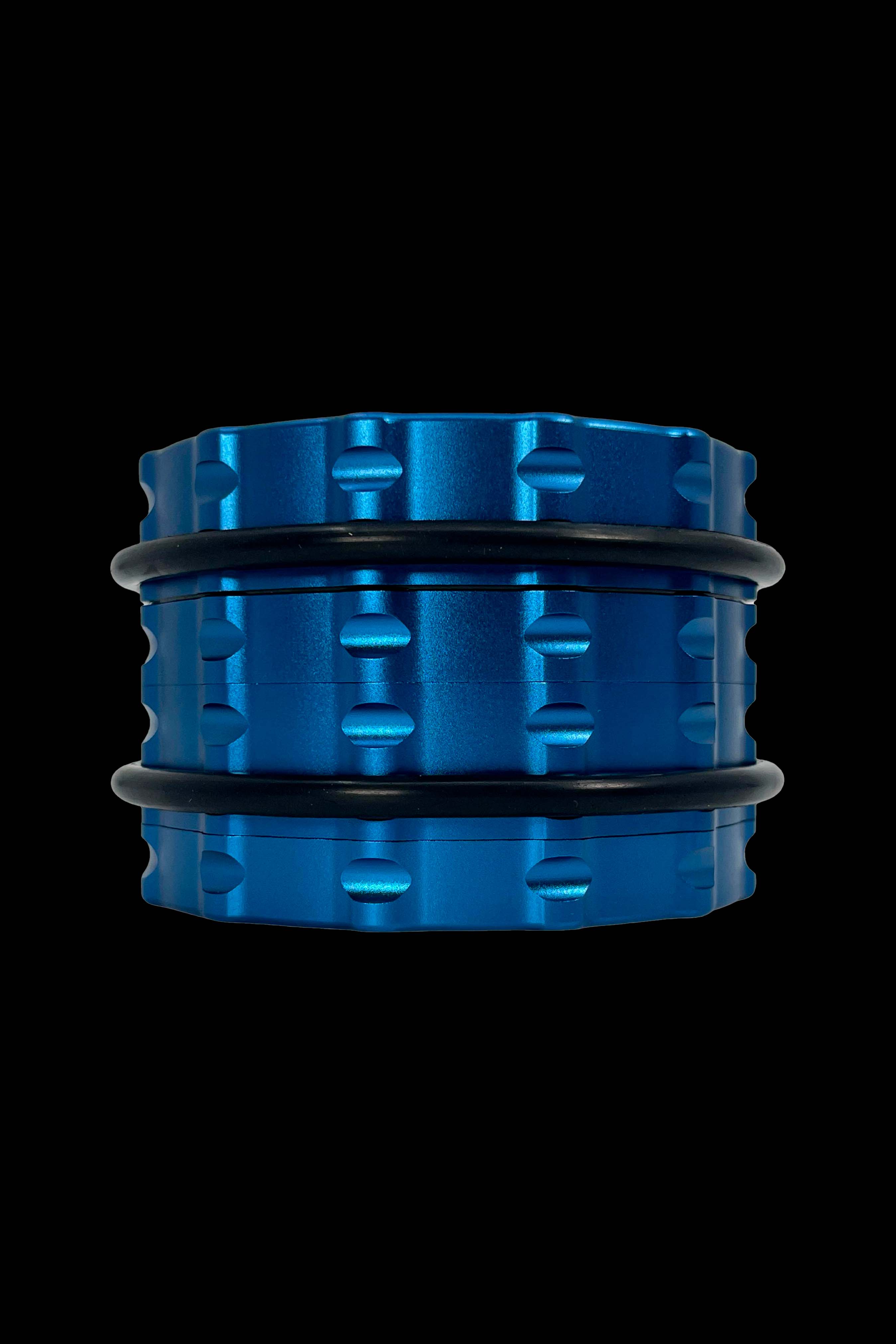 Stacked blue cannabis rig percolator diffusers on black background.