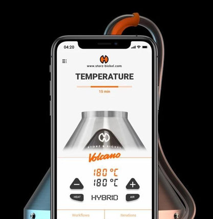 A digital display shows the settings for the Storz & Bickel Volcano Hybrid Desktop Vaporizer, viewed from a slightly angled perspective.