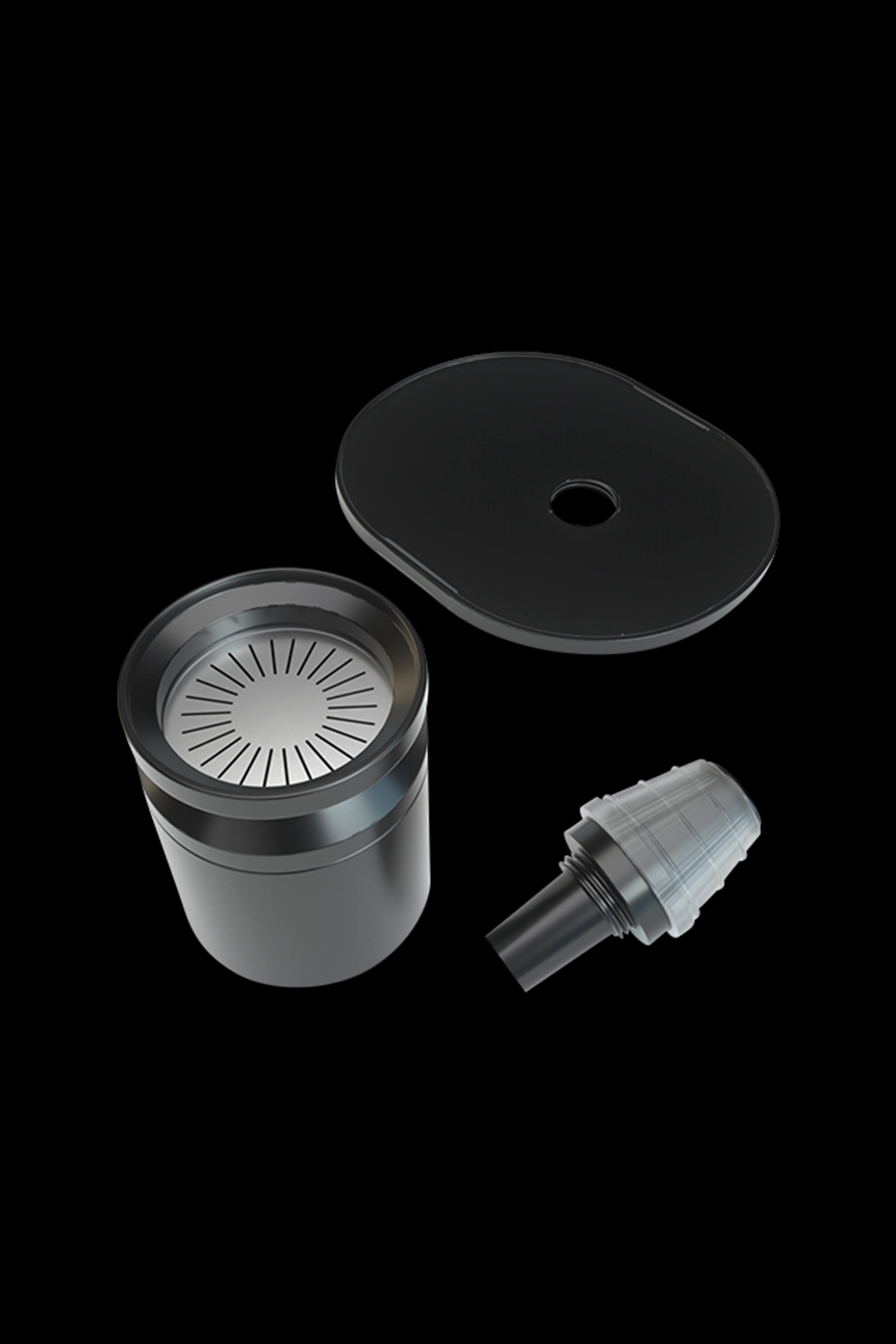 Black cannabis vaporizer components disassembled, including a bowl, lid, and mouthpiece.