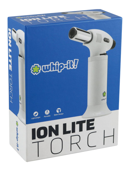 Front view of the whip-it! Ion Lite Torch Lighter with a sleek, silver finish and a visible brand logo.