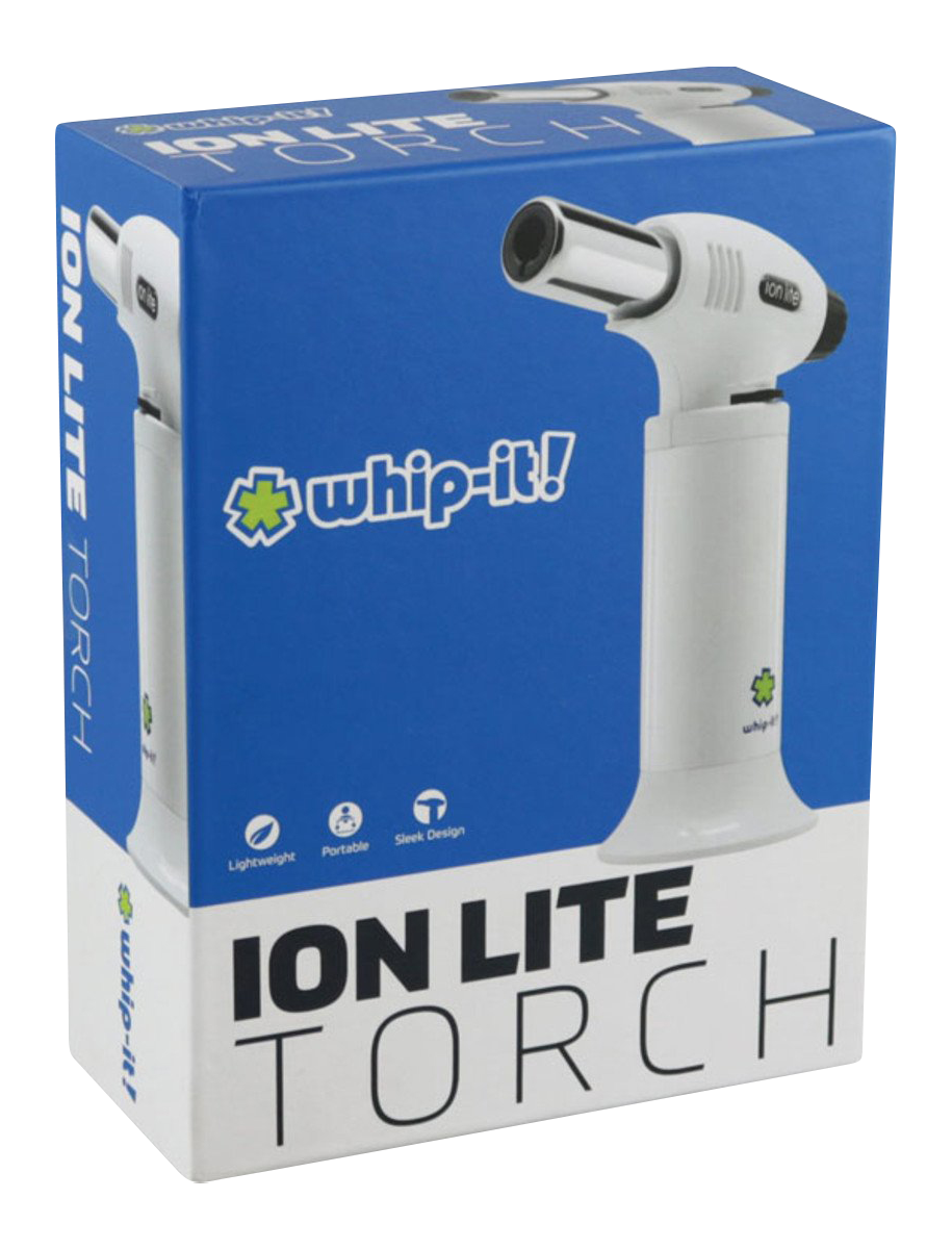 Front view of the whip-it! Ion Lite Torch Lighter with a sleek, silver finish and a visible brand logo.