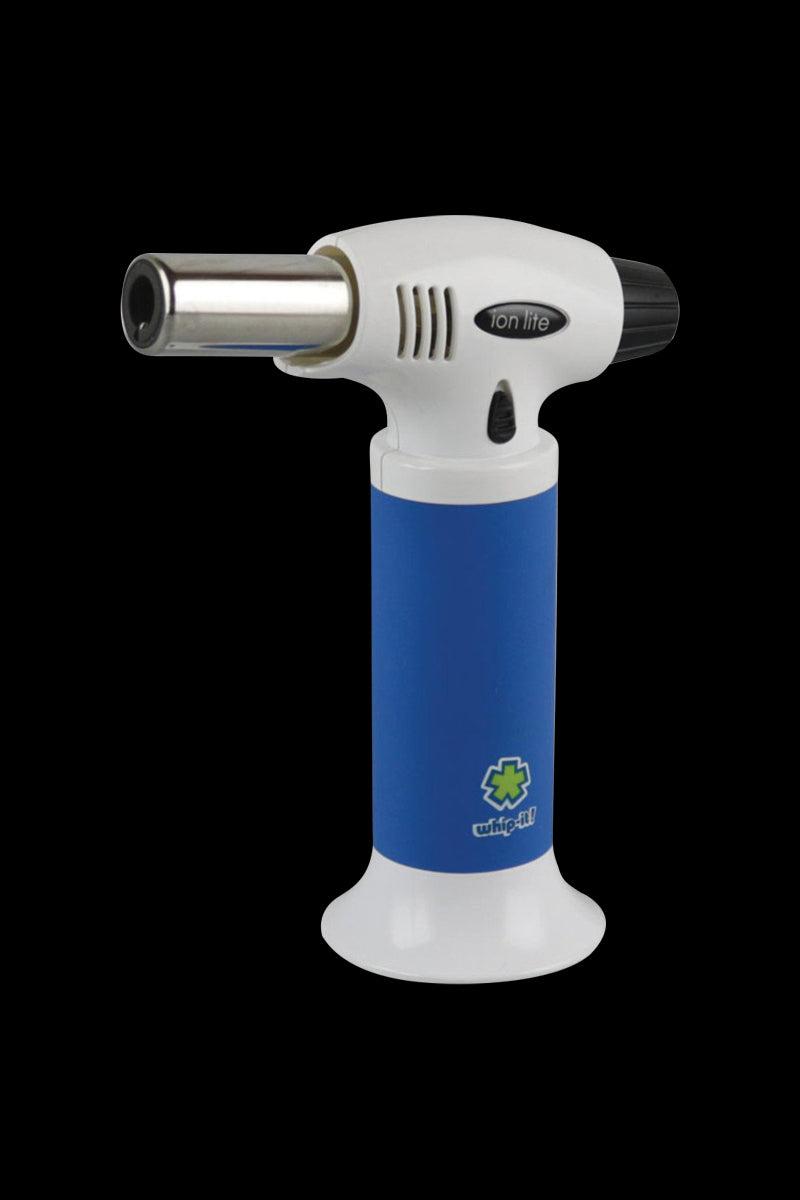 A side view of the whip-it! Ion Lite Torch Lighter with a silver nozzle and black handle.
