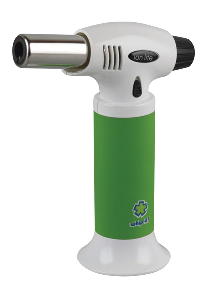 A close-up shows the whip-it! Ion Lite Torch Lighter with a silver body and black accents, angled slightly upwards.