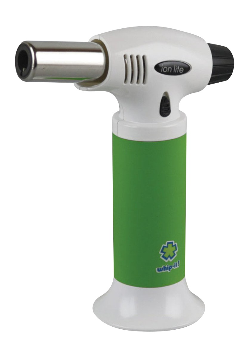 A close-up shows the whip-it! Ion Lite Torch Lighter with a silver body and black accents, angled slightly upwards.