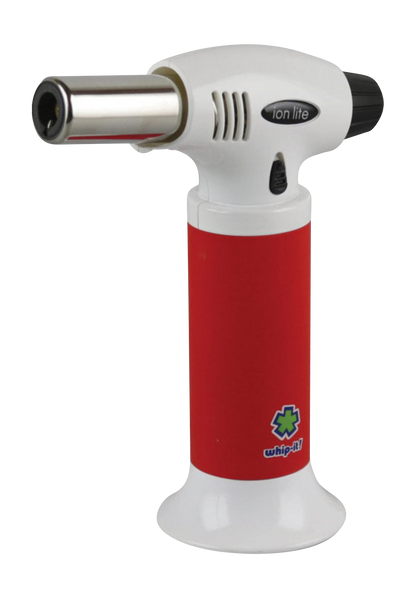 A close-up shot of the whip-it! Ion Lite Torch Lighter with a silver base and black nozzle angled slightly to the right.