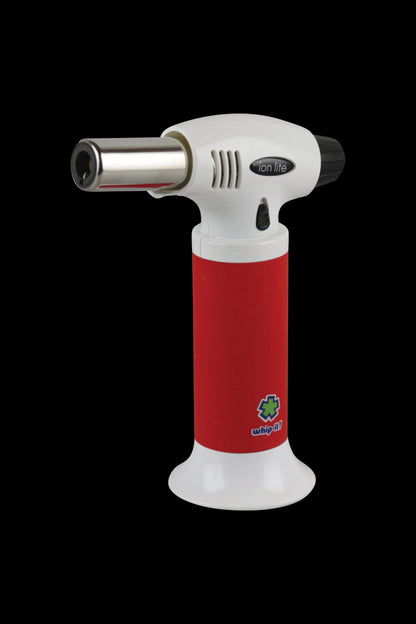 A front view of the whip-it! Ion Lite Torch Lighter, showcasing its sleek silver and black design.